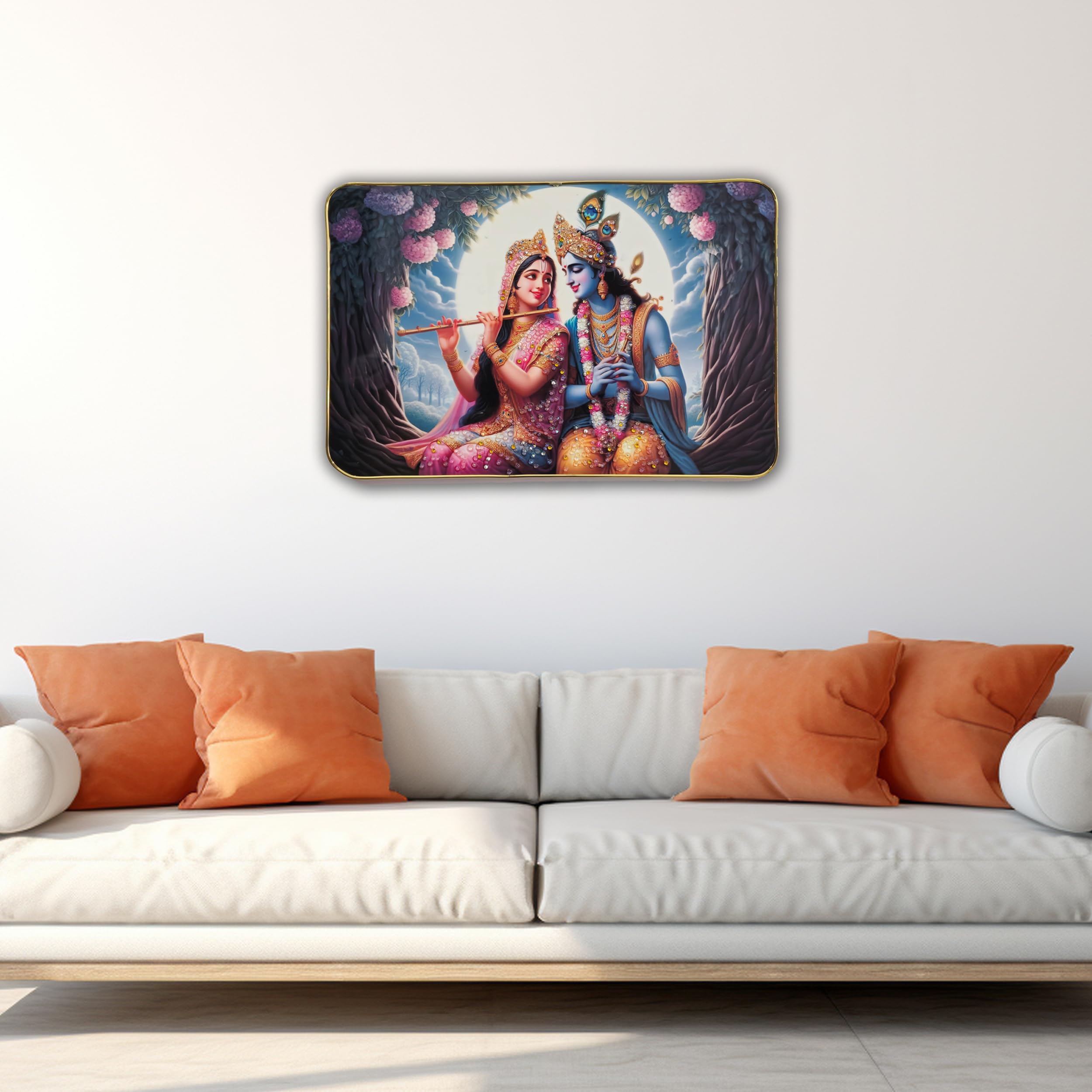 Masstone Radha Krishna Wall Painting  Crystal Embedded, High Gloss, Gold Slim Frame, 45X30Cm Wall Art For Living Room, Bedroom,